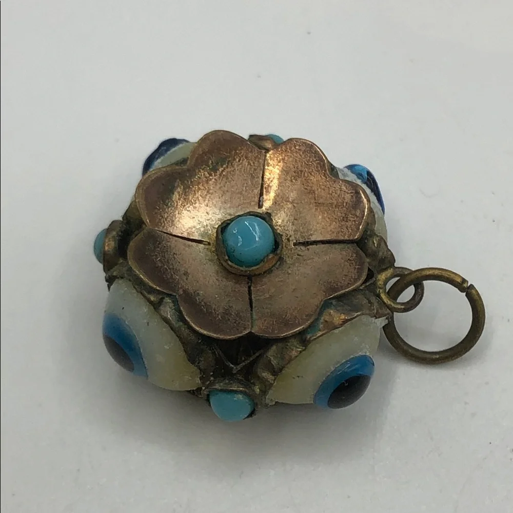 Vintage Brass Turkish Evil Eye Sphere Charm Pendant | Flower & Turquoise Accent